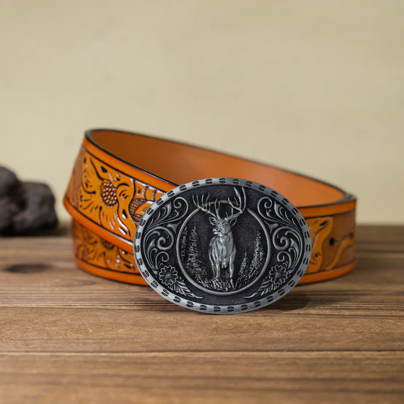 Cintura in pelle con fibbia della bandiera americana da cacciatore di cervi fai da te da uomo - Cervo d'argento - Cintura intagliata arancione (40) - image 43