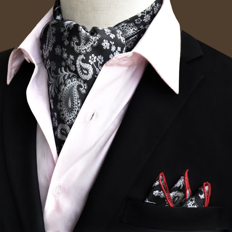 Set da 2 pezzi di fazzoletto da taschino e cravatta con motivo Paisley floreale bianco e nero di lusso - Bianco e nero - image 0