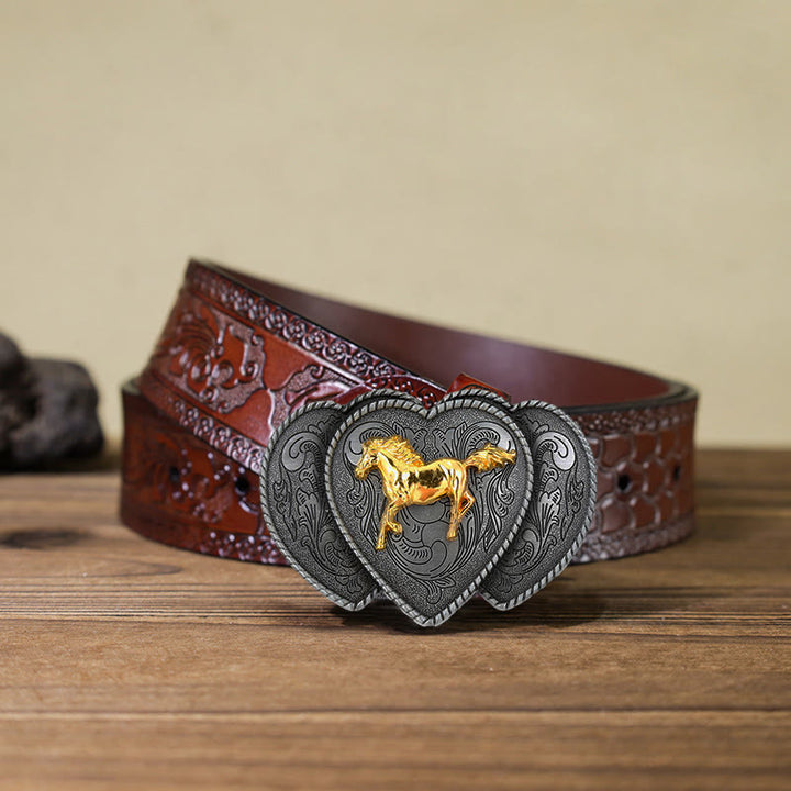 Cintura in pelle con fibbia a forma di cuore triplo cavallo fai da te da uomo - Cavallo - Cintura marrone intagliata (40) - image 9