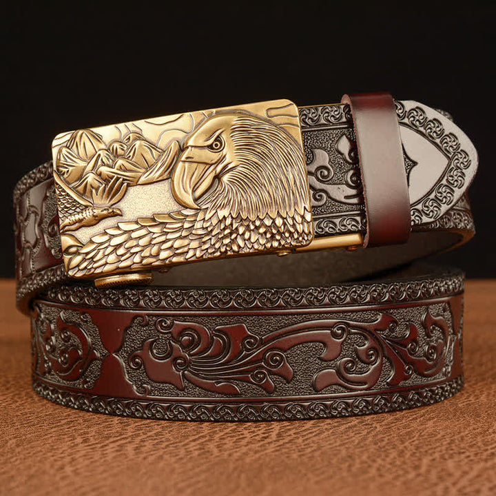 Cintura in pelle da uomo con aquila animale e paesaggio - Oro e marrone - 46 - image 0