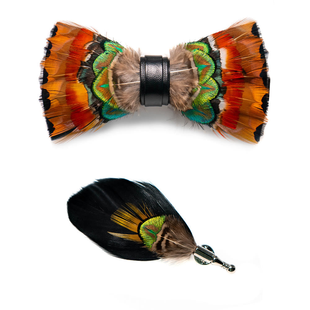 Papillon con piume di fenice arancione e spilla da bavero - image 1