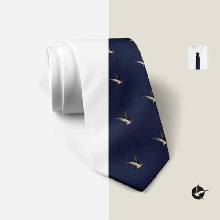 Cravatta da uomo con rondine ricamata in tessuto blu navy - image 2