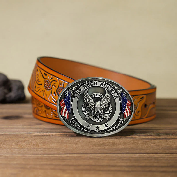 Cintura in pelle con fibbia porta birra creativa fai da te con bandiera USA e aquila da uomo - Argento - Cintura intagliata arancione (40) - image 35