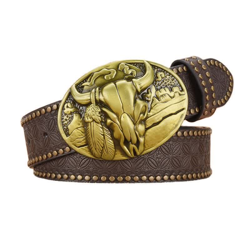Cintura in pelle con fibbia a testa di toro e rivetto decorativo da uomo - image 0