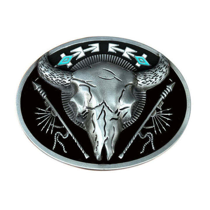 Cintura in pelle con fibbia a forma di teschio di toro a tema indiano fai da te da uomo - Nero - Senza cintura - image 3