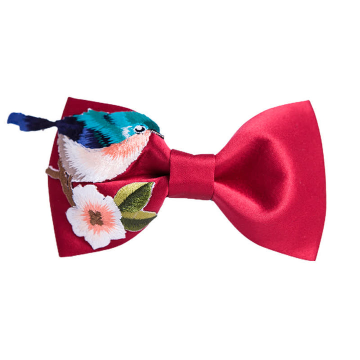 Papillon da uomo con fiore e uccello ricamato - Borgogna - image 4