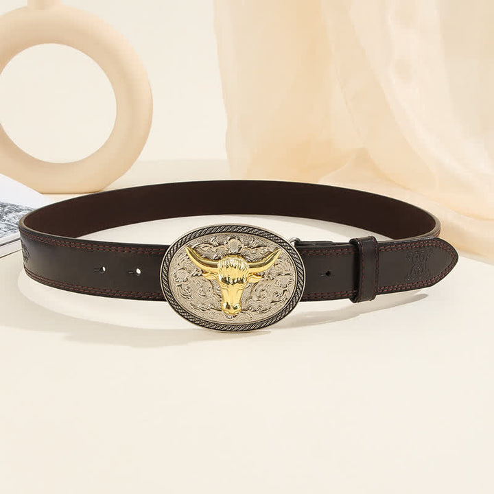Cintura casual da uomo in pelle con fibbia floreale a forma di testa di toro dorata - image 3