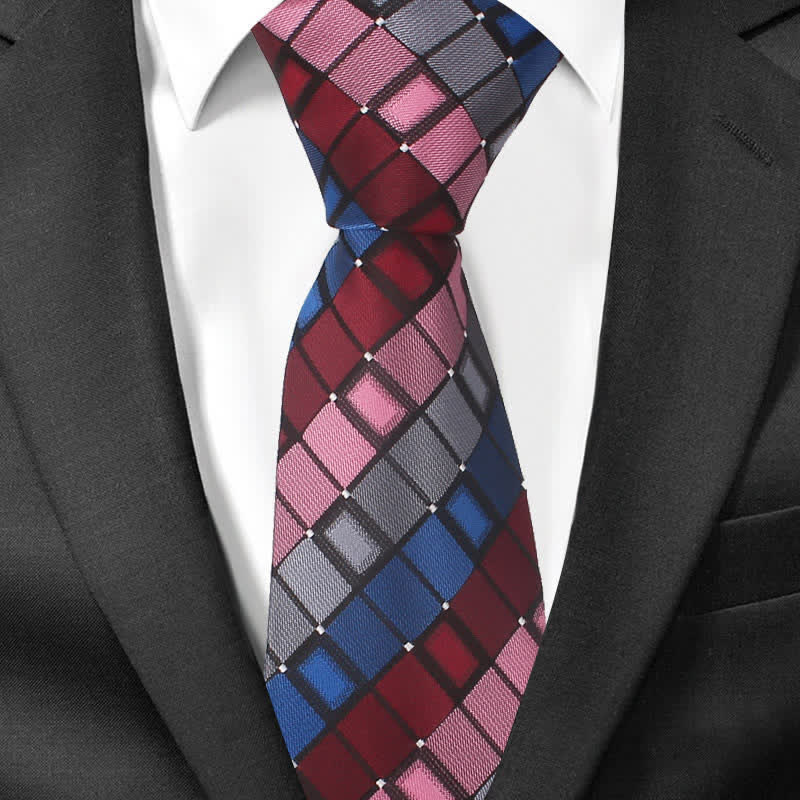 Cravatta a quadri quadrati con toppa colorata da uomo - Rosso - image 1