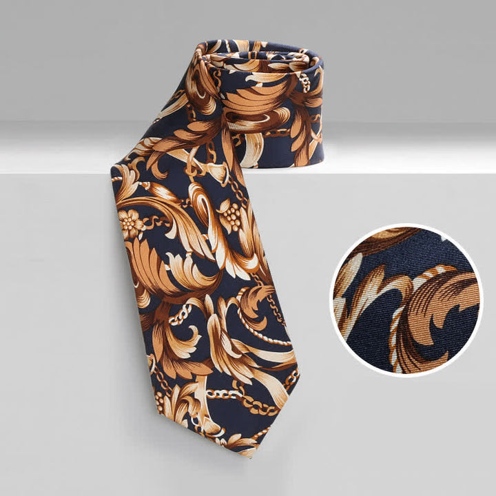 Cravatta floreale di lusso da uomo con foglie d'arte - Marrone e blu navy - image 0