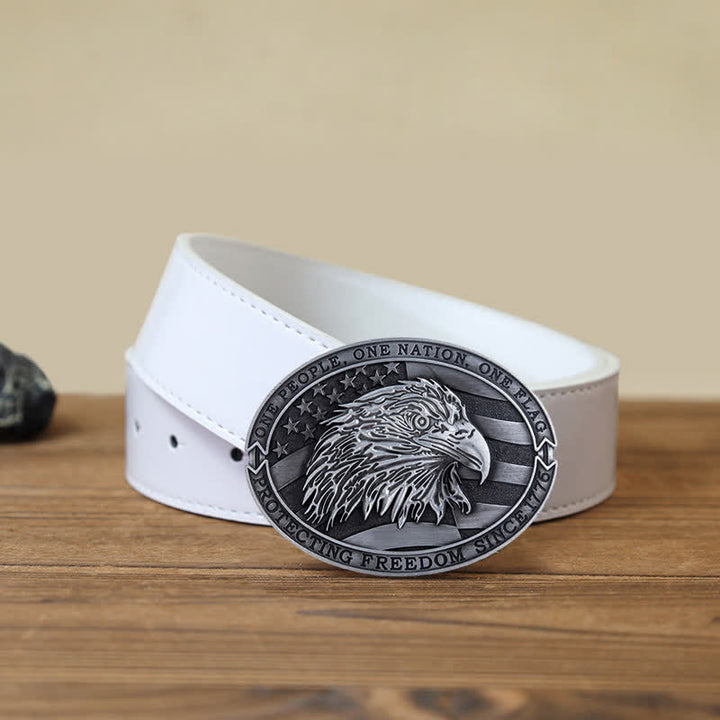 Cintura in pelle con fibbia della bandiera USA con aquila calva patriottica fai da te da uomo - Argento antico - Cintura PU bianca (40) - image 9