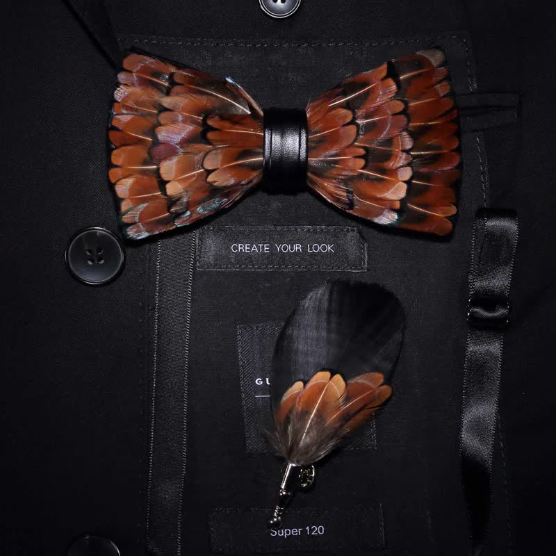 Papillon con piume marrone e nero con spilla da bavero - Adulto - image 0