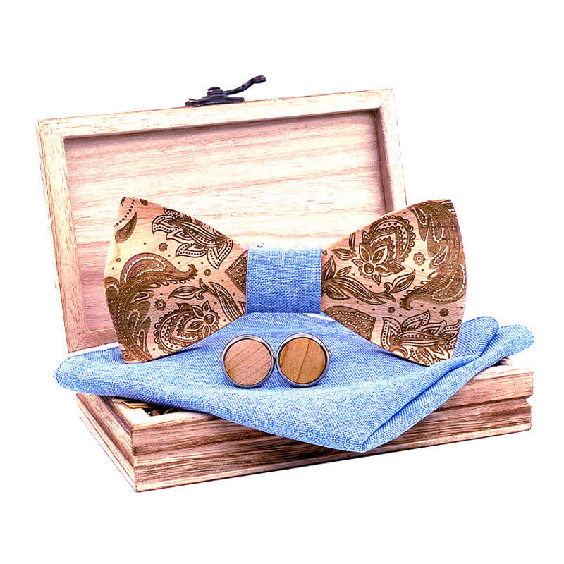 Set di 3 papillon in legno con motivo Paisley da uomo - Azzurro chiaro - image 0