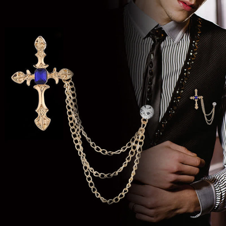 Spilla a catena con cristalli a croce classica da uomo - Oro e blu - image 0