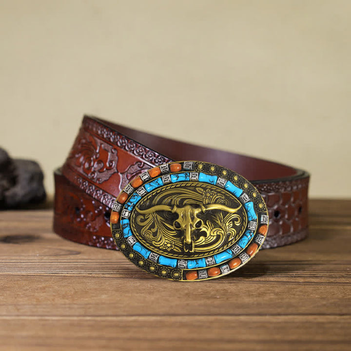 Cintura in pelle con fibbia a forma di toro con perline di legno turchese fai da te da uomo - Oro - Cintura marrone intagliata (115 cm/46 pollici) - image 16