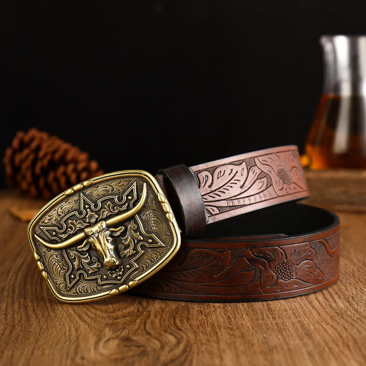 Cintura da uomo in pelle stampata con testa di mucca in stile western - Marrone / Oro - 38 - image 0