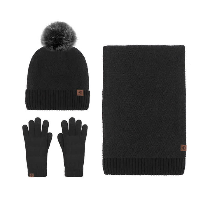 3 pezzi da donna pompon cappello sciarpa guanti touchscreen set - Nero - Regolabile (circa 21 1/4"-23 1/4") - image 9