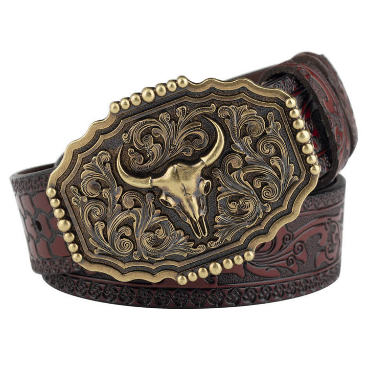 Cintura classica in pelle con teschio di toro floreale da uomo - Marrone - 46 - image 10