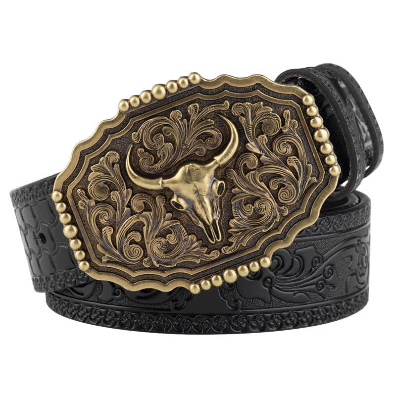 Cintura classica in pelle con teschio di toro floreale da uomo - Nero - 46 - image 6