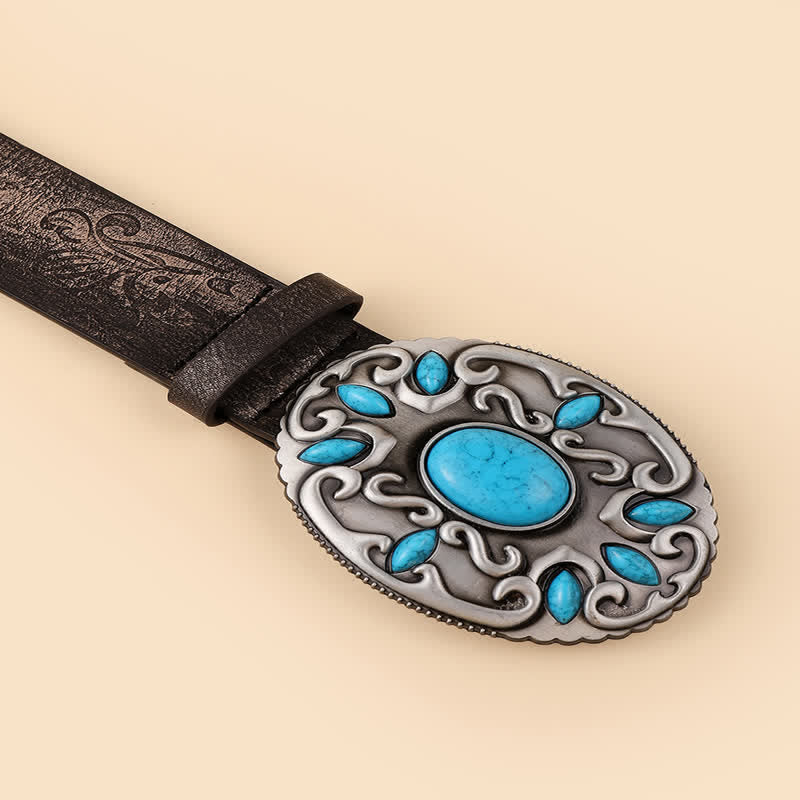Cintura in pelle con fibbia ovale con decorazione turchese da donna - image 2