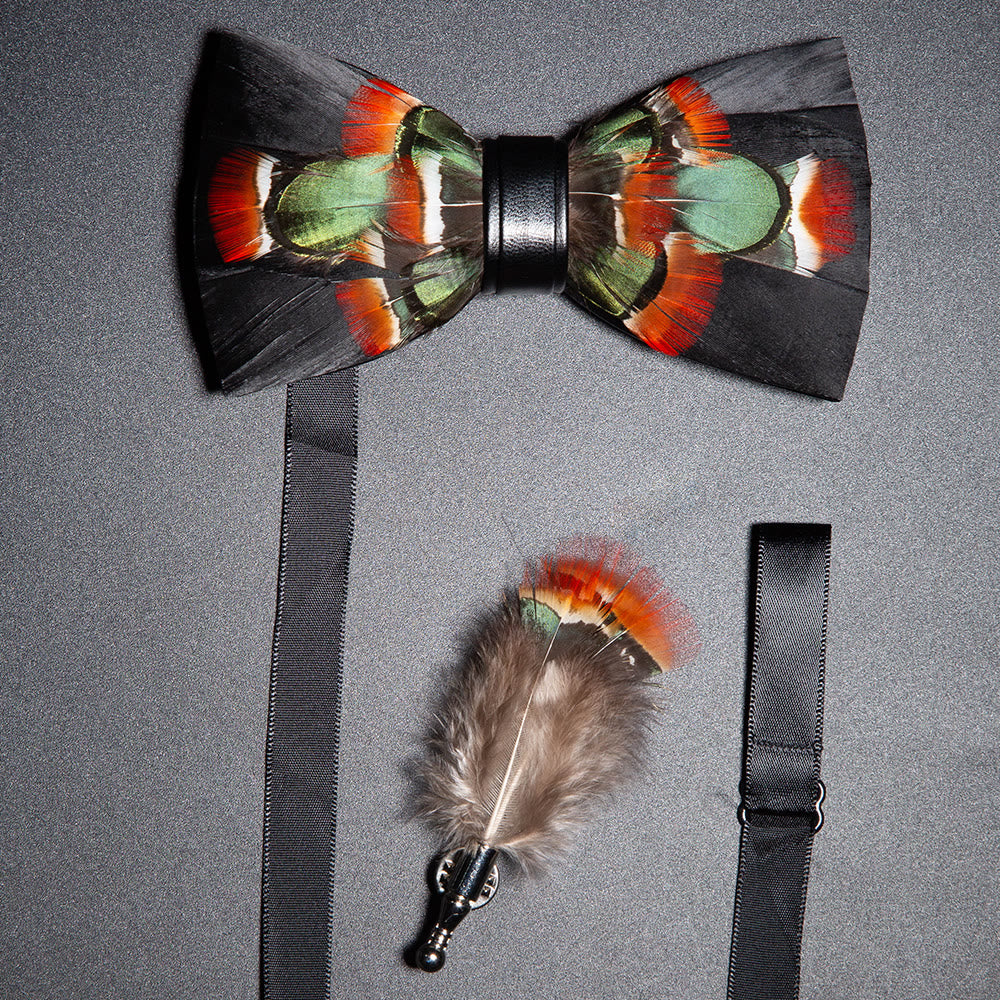 Papillon con piume di anatra selvatica nere e verdi con spilla da bavero - Nero e verde - image 0