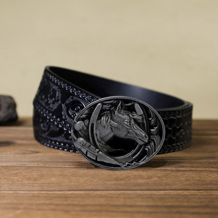 Cintura in pelle con fibbia in smalto nero a ferro di cavallo fai da te da uomo - Ferro di cavallo - Cintura nera intagliata (40) - image 9