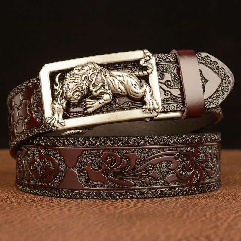 Cintura da uomo in pelle con fibbia a forma di tigre e motivo floreale in rilievo - Argento e marrone - 46 - image 16