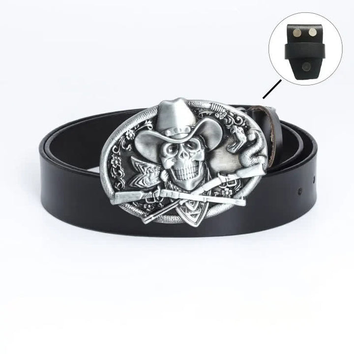 Cintura in pelle da uomo con teschio pirata e pistole incrociate - Maglietta in pelle - Nero / Argento - 46 - image 2