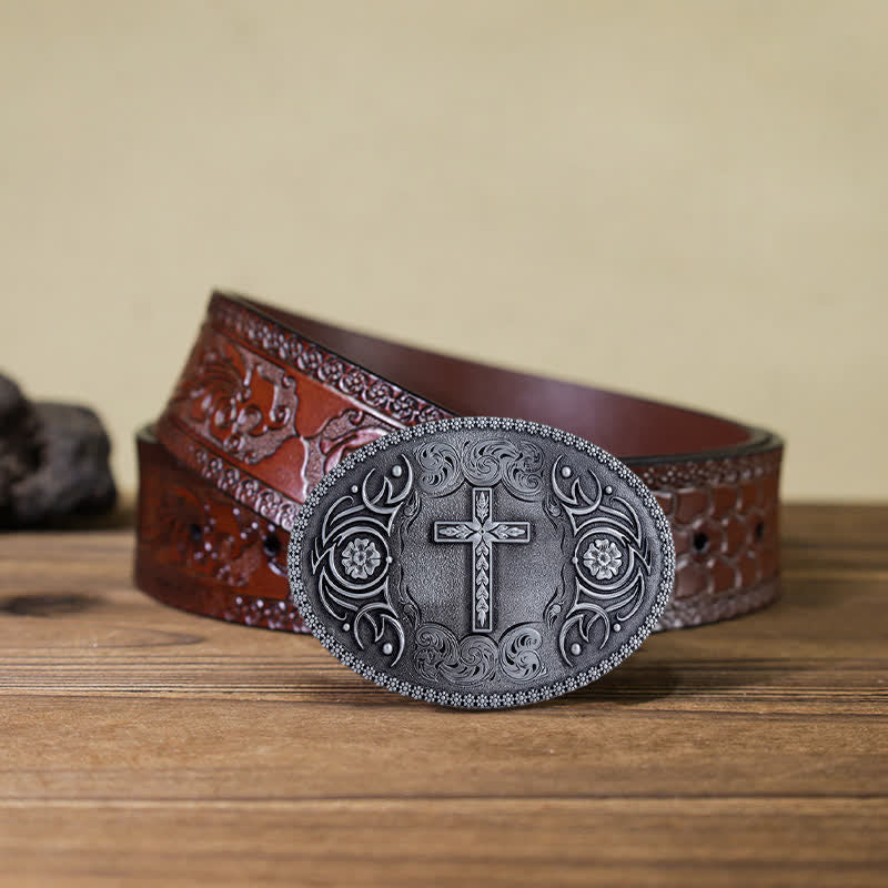 Cintura in pelle con fibbia floreale a croce fai da te da uomo - Argento antico - Cintura marrone intagliata (40) - image 17