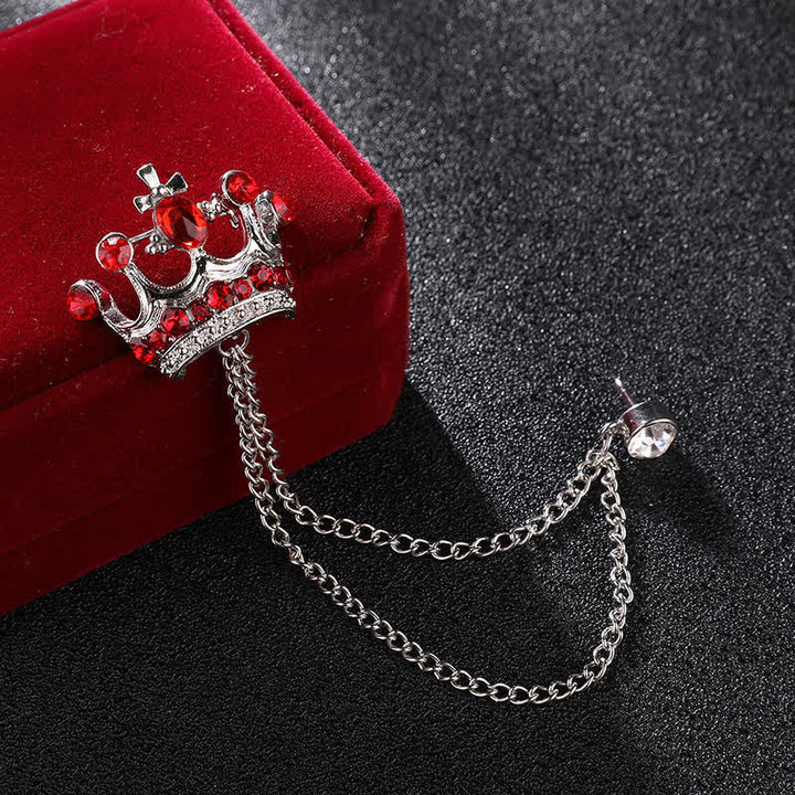 Spilla da uomo con catena a corona retrò e strass - Argento e rosso - image 10