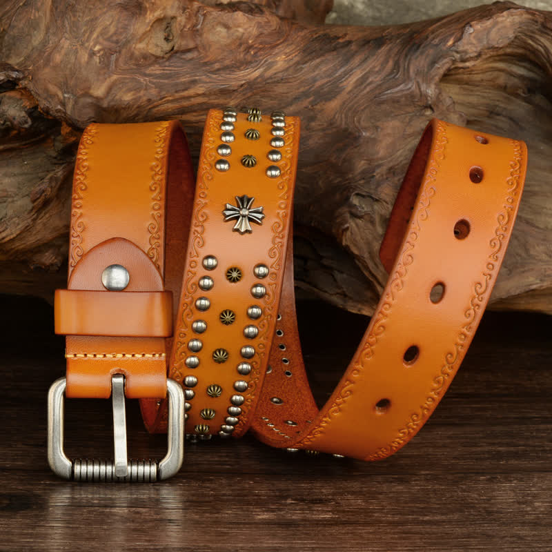 Cintura unisex con decorazione a borchie e borchie incrociate in stile rock - Marrone-giallastro - 42 - image 5