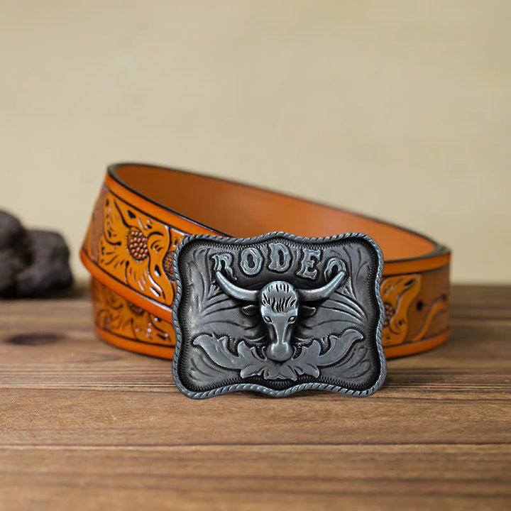 Cintura in pelle fai da te da uomo con fibbia da rodeo Longhorn Bull in argento - Toro dalle lunghe corna - Cintura intagliata arancione (40) - image 15