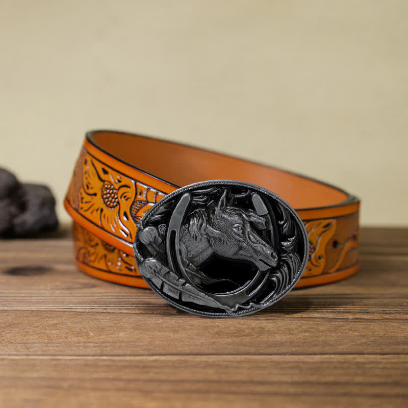 Cintura in pelle con fibbia in smalto nero a ferro di cavallo fai da te da uomo - Ferro di cavallo - Cintura intagliata arancione (40) - image 15