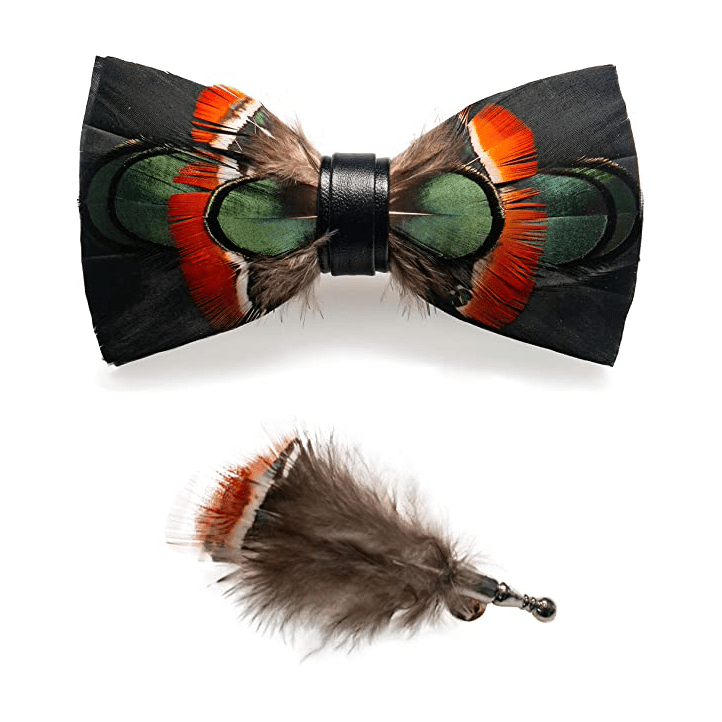 Papillon con piume di anatra selvatica nere e rosse e verdi con spilla da bavero - image 3