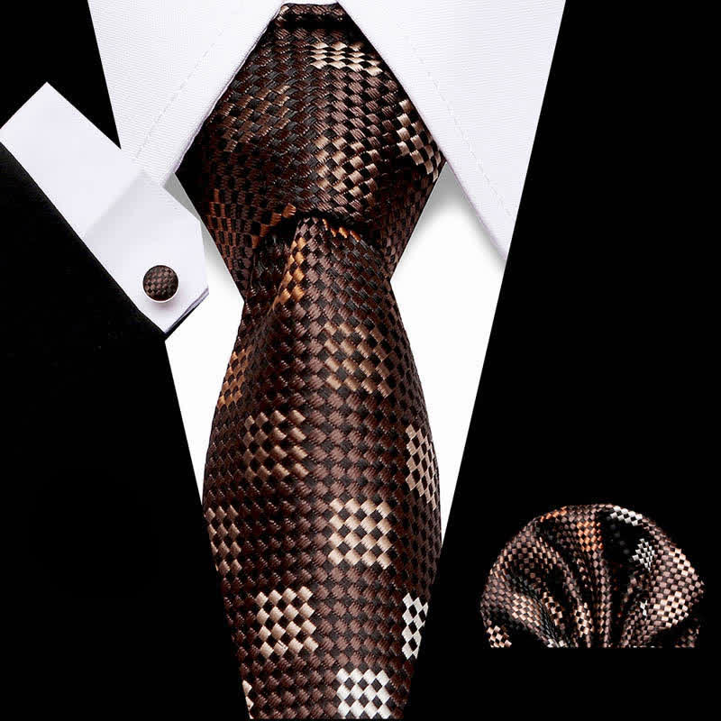 Set di 3 cravatte a scacchi marrone e champagne da uomo - Marrone e Champagne - image 0