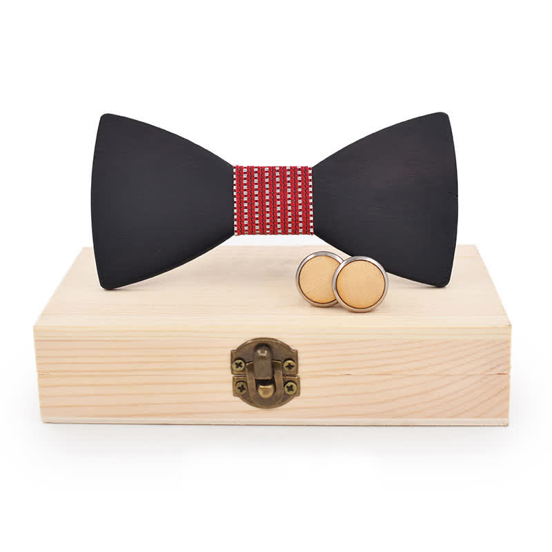 Set di 2 gemelli da uomo in legno nero con papillon - Puntini rossi - image 17