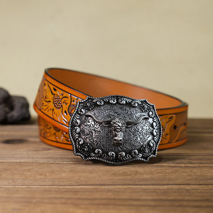 Cintura in pelle fai da te con fibbia in argento anticato Longhorn Bull da uomo - Argento - Cintura intagliata arancione (40) - image 22